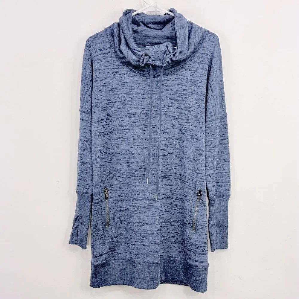 Athleta Sport It Blue Marled Cinch Cowel Neck Thumbhole Cuff Tunic Mini Dress